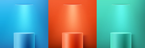 一套蓝色，红色和绿色的现实3D讲台与照明与聚光灯。基座概念的产品模型。图片下载