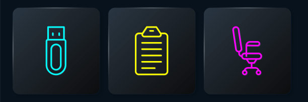 设置线USB闪存盘，办公椅和待办事项清单或计划。黑色方形按钮。向量图片下载