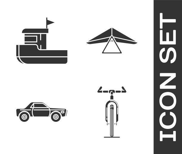 集自行车，渔船，轿车和悬挂滑翔机图标。向量图片下载