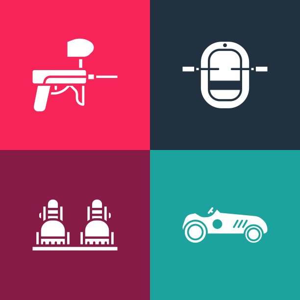 集流行艺术复古运动赛车，滑雪板，漂流船和彩弹枪图标。向量图片下载