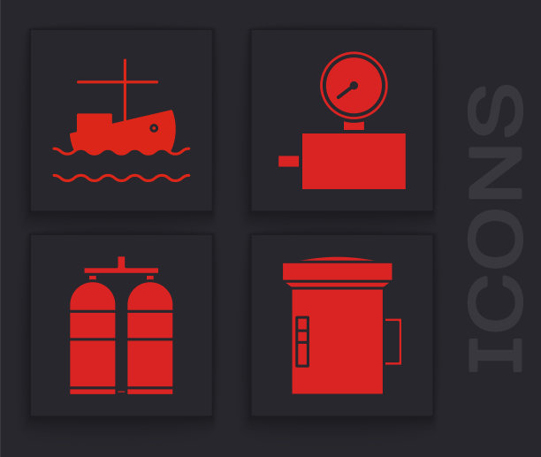 设置大手电筒潜水员，渔船上的水，计量规模和aququalung图标。向量图片下载