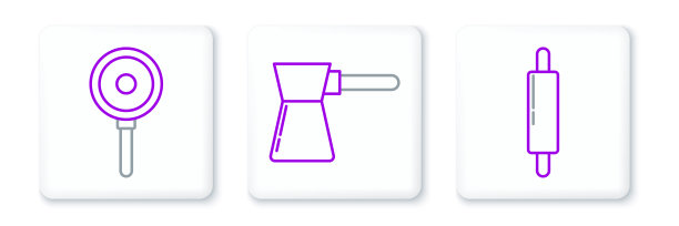 设置线擀面杖，煎锅和咖啡土耳其图标。向量图片下载