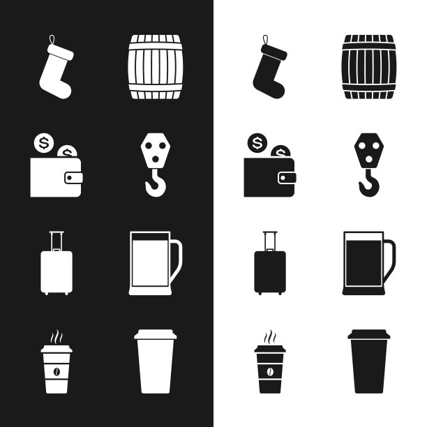 集工业挂钩，钱包与硬币，圣诞袜，木桶，旅行箱和啤酒图标的玻璃。向量图片下载