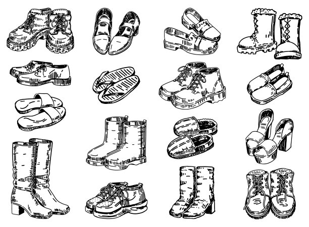 鞋子涂鸦集。草图的鞋子，凉鞋，拖鞋，靴子。轮廓矢量插图收集。图片下载