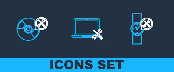 设置线腕表服务，CD或DVD磁盘和笔记本电脑图标。向量图片下载