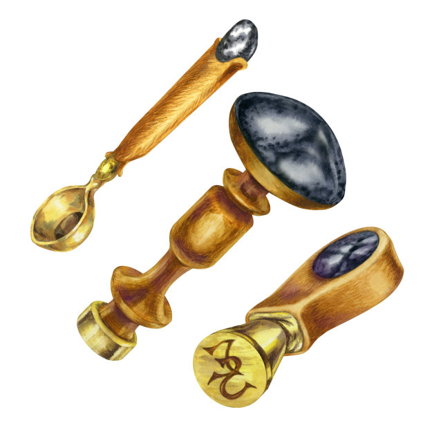 印章，用于融化封蜡的勺子，来自一套古董书写装置，由青铜制成，红木手柄和半宝石。水彩插图模板为古董店，书法家图片下载