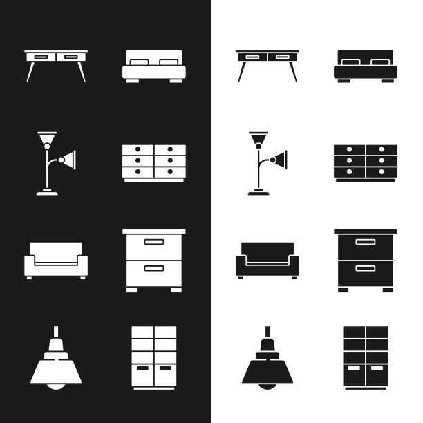 设置抽屉柜，落地灯，办公桌，大床，沙发，家具床头柜，衣柜和吊灯图标。向量图片下载