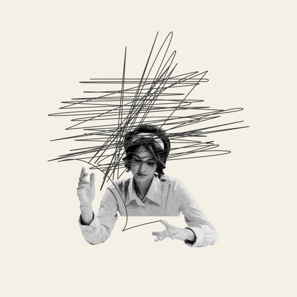 年轻的女人，头上的线条混乱，饱受纠结的思想和瞬间过度思考的折磨。当代艺术拼贴。图片下载