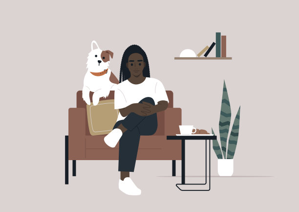 与忠实伴侣在舒适角落的宁静时刻，一个人在沙发上放松，抱着膝盖，一只忠诚的狗在他们身边图片下载