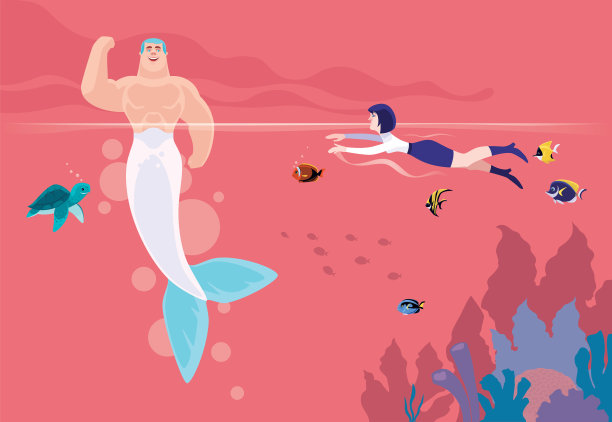 游泳的女人遇见了肌肉发达的人鱼图片下载