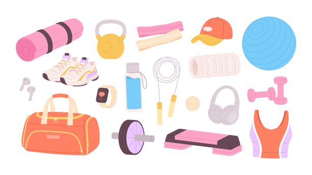 卡通健身器材。运动元素，独立的配件健身房和锻炼户外或家庭训练。健康生活活泼矢量剪贴画图片下载