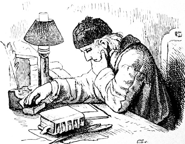 戴着帽子的老牧师坐在桌旁，在一盏灯的灯光下读着一份文件，旁边是一本带书签和羽毛笔的书图片下载