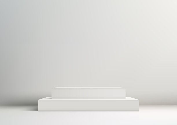 3D白色的讲台楼梯，灯光照在上面，以白色的墙壁为背景，极简风格，产品展示，模型，陈列室，展示图片下载