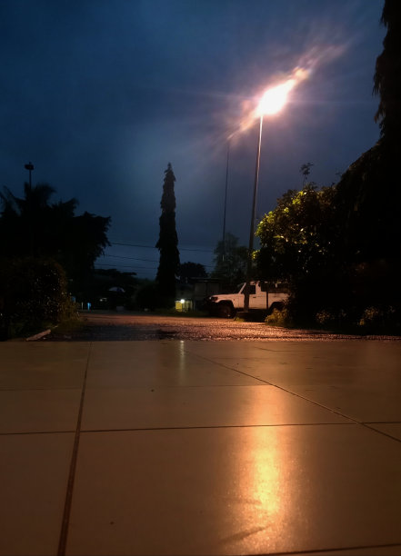 户外夜间街道照片与照明的房子和树图片下载