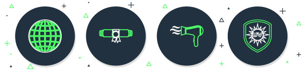 设置线文凭卷，吹风机，地球仪和紫外线防护图标。向量图片下载