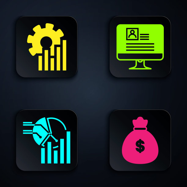 设置钱袋，饼状图信息图，饼状图信息图和电脑显示器与简历。黑色方形按钮。向量图片下载