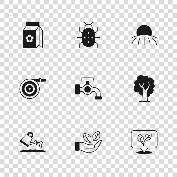 集树叶在手，树，水龙头，日出，包满种子，科罗拉多甲虫和花园软管图标向量图片下载