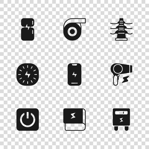 集书关于电力，吹风机，电表，手机，塔线，冰箱，卷胶带和闪电图标。向量图片下载