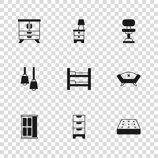 集抽屉柜，沙发，床垫，双层床，办公椅，家具床头柜与灯和灯挂图标。向量图片下载