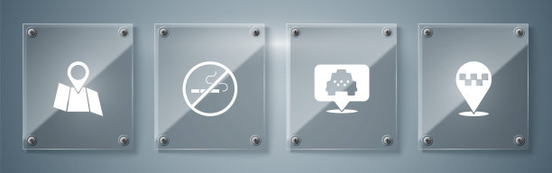 设置位置与出租车，，禁止吸烟和折叠地图位置。方形玻璃板。向量图片下载