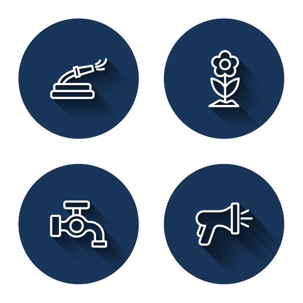 设置线花园软管，花，水龙头和长阴影。蓝色圆圈按钮。向量图片下载