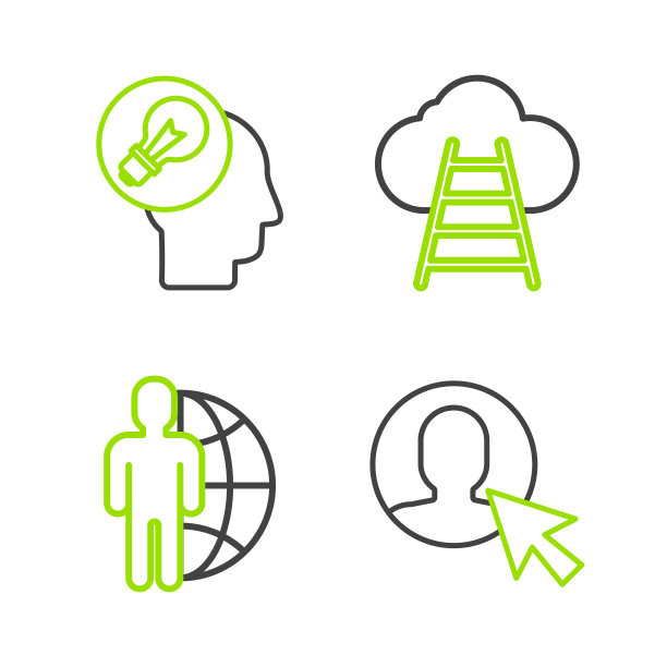 套装使用者、地球仪使用者、云梯使用者、带灯泡图标的人头使用者。向量图片下载