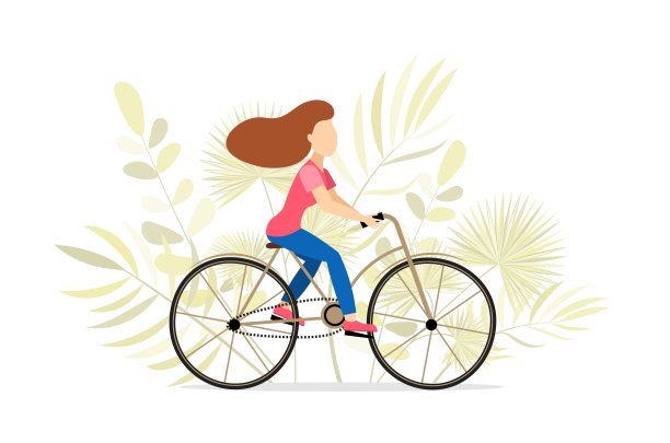 骑自行车的人的角色。骑自行车的女人和植物。运动和休闲。户外活动。健康生活理念。图片下载
