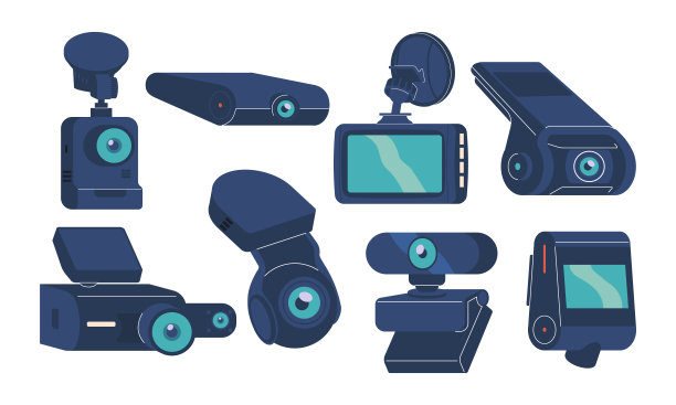 现代行车摄像头和便携式安全摄像头，突出不同的设计和功能，矢量集图片下载