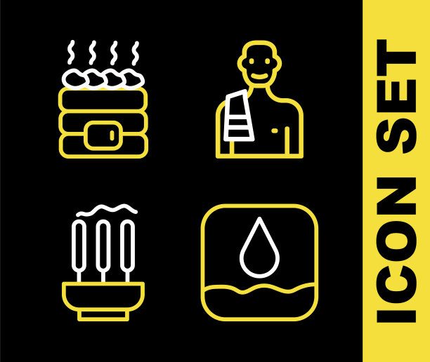在桑拿浴中设置行人、水滴、香烛和热石图标。向量图片下载