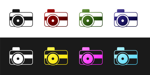 设置照片相机的潜水员图标隔离在黑白背景。摄影相机图标。水下潜水设备。向量图片下载