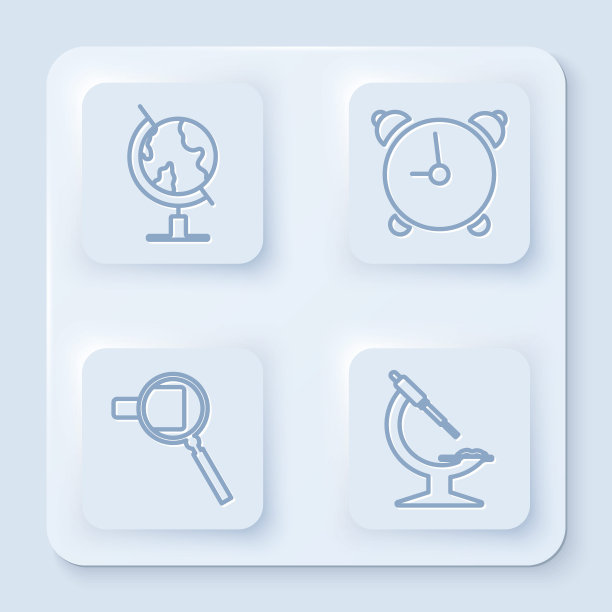 设置地球仪，闹钟，放大镜和显微镜。白色方形按钮。向量图片下载