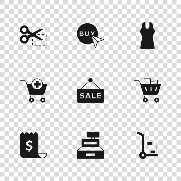集收银机，购物车和食品，手推车箱，挂牌文字销售，女装，剪刀剪折扣券，购买按钮和添加图标。向量图片下载