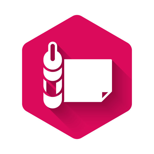 白色卷纸图标孤立与长阴影。粉红色六边形按钮。向量图片下载