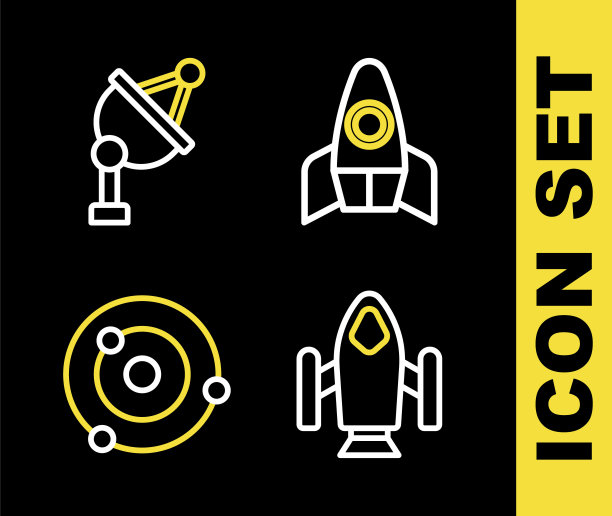 设置线火箭飞船，太阳系和卫星碟图标。向量图片下载