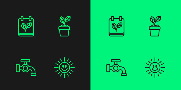 设置线太阳，水龙头，日历与秋天的叶子和植物在锅图标。向量图片下载