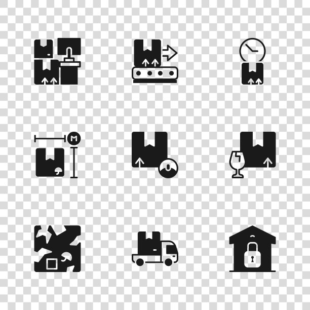 集运输货车、易碎物品包装箱、封闭仓库、纸箱、纸板时钟、仓库箱、输送带、计量图标。向量图片下载