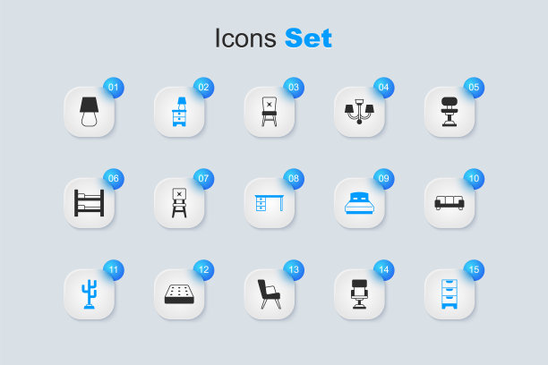 集合办公椅，椅子，家具床头柜与灯，外套，抽屉柜，沙发，桌子和书桌图标。向量图片下载
