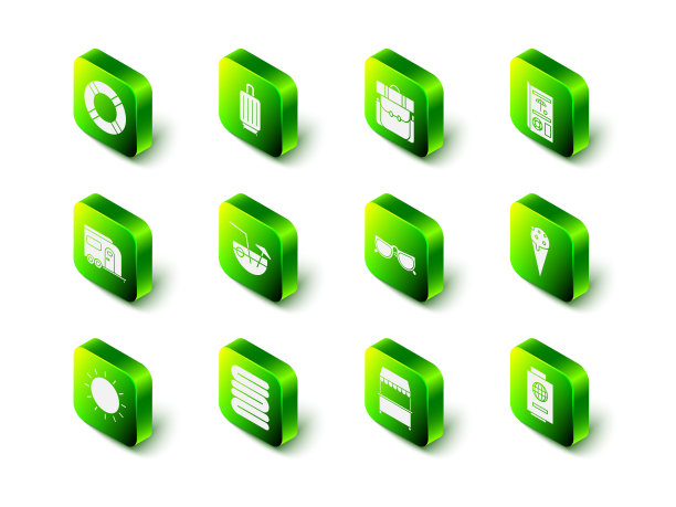 集行李箱，远足背包，旅游手册，冰淇淋华夫蛋筒，护照与票，眼镜，街头摊位遮阳篷和毛巾堆栈图标。向量图片下载