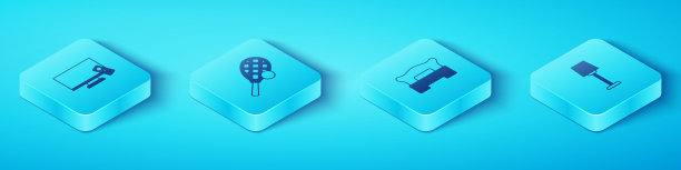 设置等距智能电视，带球的网球拍，台灯和卧室图标。向量图片下载