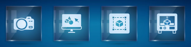 集照相相机，3D打印软件，几何图形立方体和。方形玻璃板。向量图片下载