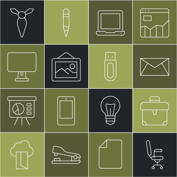 办公椅，公文包，邮件和电子邮件，笔记本电脑，图片景观，电脑显示器，领带和USB闪存驱动器图标。向量图片下载