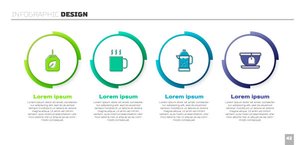 将茶叶、茶杯、法式压滤壶和茶具装入茶包。业务信息图表模板。向量图片下载