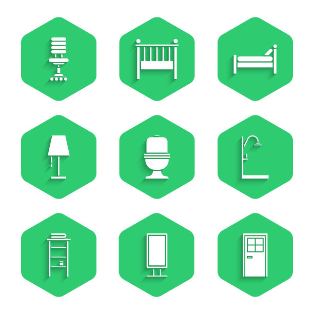 设置马桶，大全长镜子，闭门，淋浴，浴室架，毛巾架，台灯，床和办公椅图标。向量图片下载