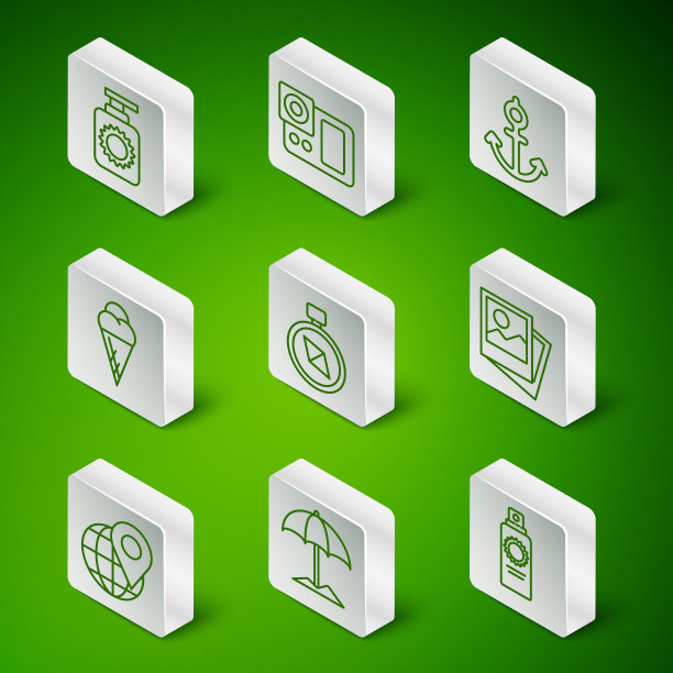 防晒喷雾瓶，沙滩保护伞，指南针，华夫蛋筒冰淇淋，照相机，定位地球仪和图标。向量图片下载