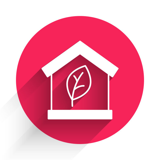 白色环保友好的房子图标孤立的长阴影背景。有树叶的生态房子。红色圆圈按钮。向量图片下载