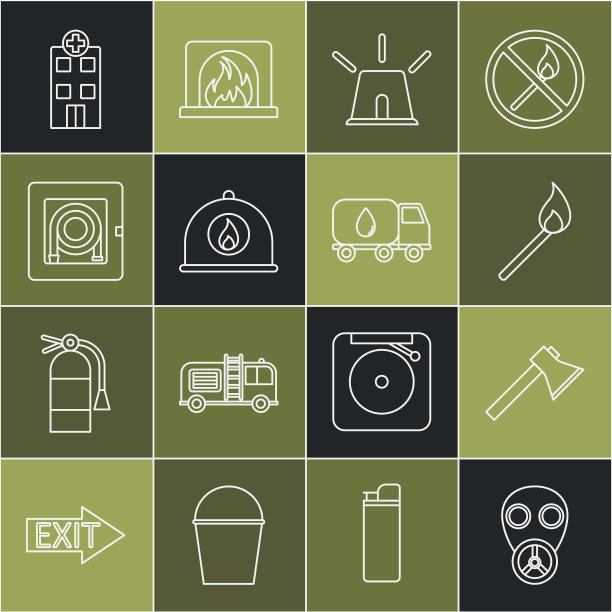设置线防毒面具，消防员斧头，燃烧火柴与火，闪光警报器，头盔，软管柜，医疗医院建筑和水交付卡车图标。向量图片下载