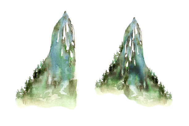 手绘水彩自然风景插画：田野与山脉露营图片下载