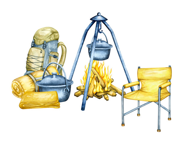 烧烤火在自然界。露营装备，手绘水彩插图。豪华野营剪贴画，三脚架火和折叠椅，平底锅和背包，毯子，灯笼。图片下载