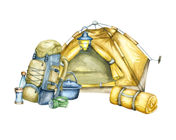 帐篷和火在大自然中，在田野和山上。露营装备，手绘水彩插图。豪华野营帐篷，营火，野营，烧烤和椅子。图片下载