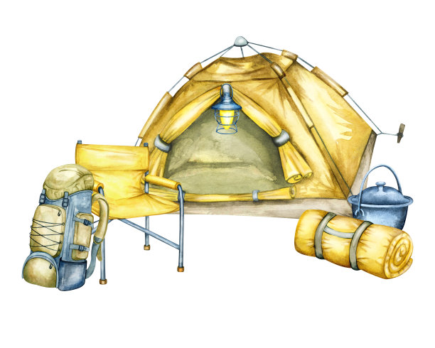 帐篷和火在大自然中，在田野和山上。露营装备，手绘水彩插图。豪华野营帐篷，营火，野营，烧烤和椅子。图片下载